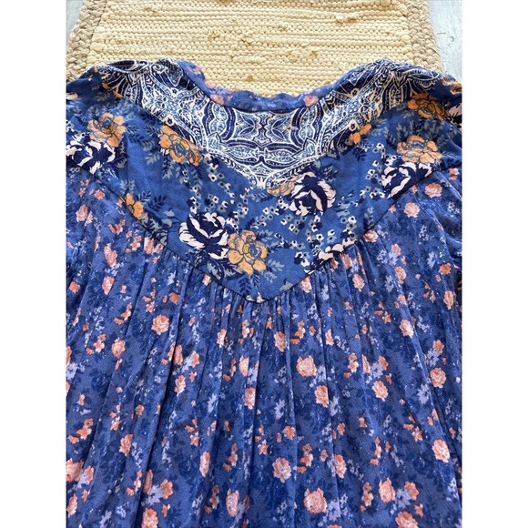 Free People Wildflower Fields Blue Orange Floral Tunic Top Sz S Bell Sleeve - Picture 8 of 12